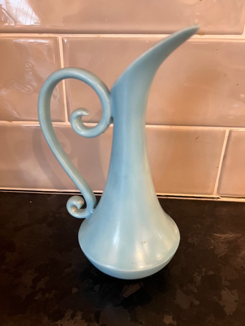 Light Blue Ceramic Pitcher with Sculptural Scroll Handle